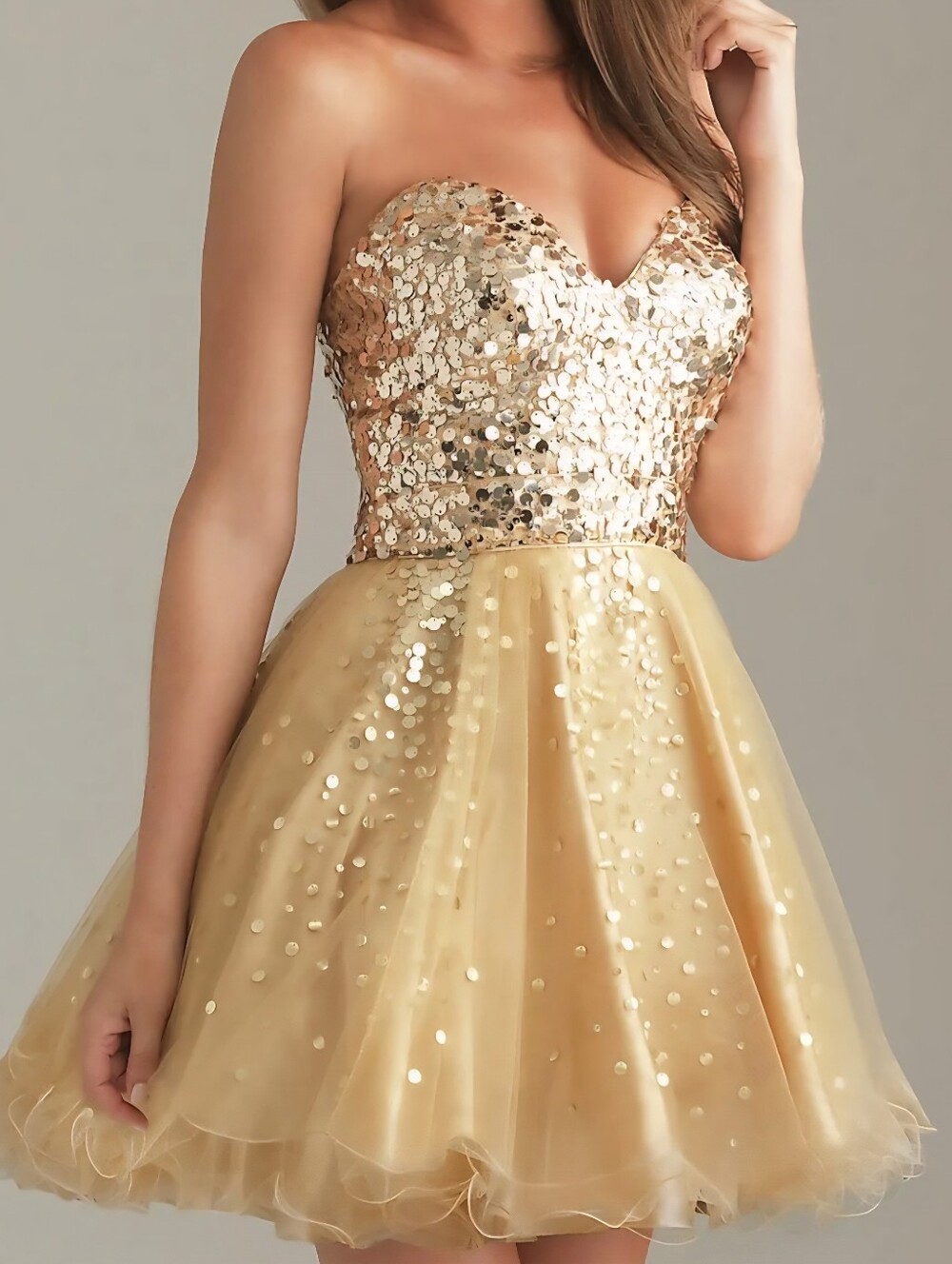 Night Moves Strapless Gold Sequin Babydoll Fairy Glam Prom Homecoming Dress